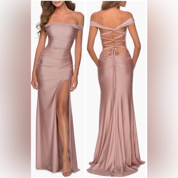 NWT La Femme Off Shoulder Ruched Detail Sheath Gown - size 8